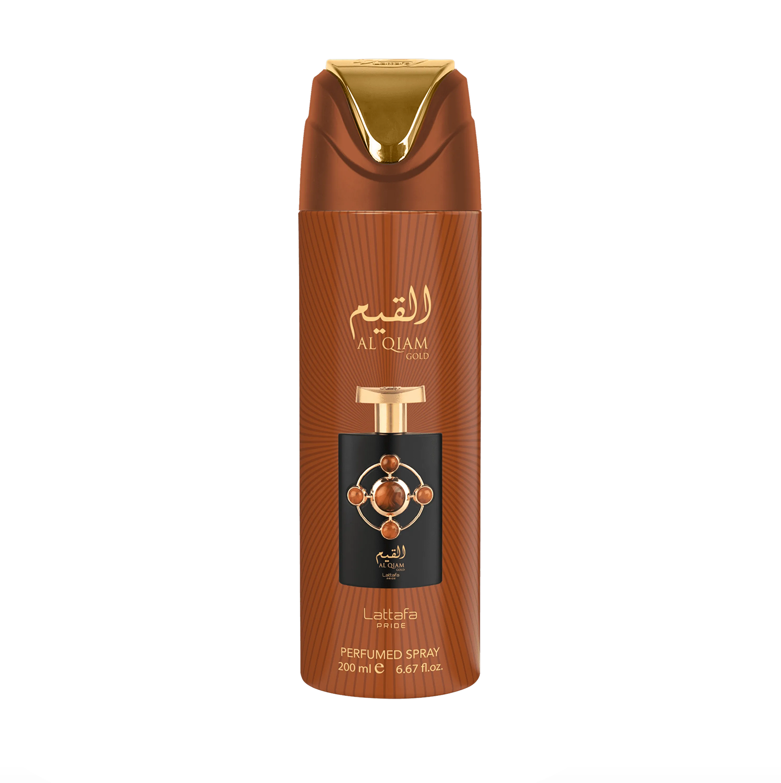 Profesionali gaminio nuotrauka Lattafa Pride Al Qiam Gold dezodoranto buteliuką (200 ml), pabrėžiant jo elegantišką, galingą dizainą ir aukščiausios kokybės prekės ženklą. Lattafa Pride surinkimas prieš švarų, modern fonas.