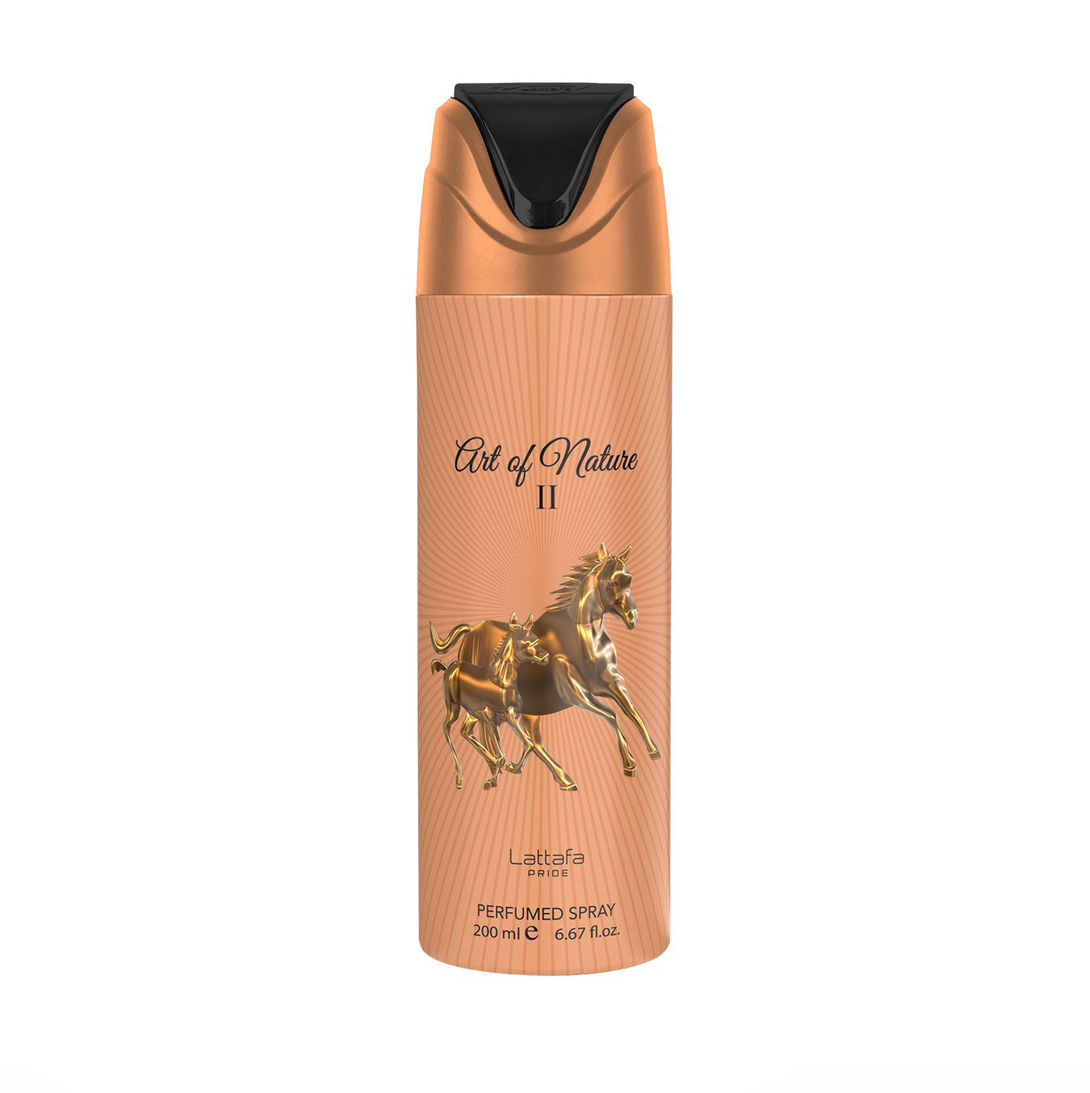 Profesionali gaminio nuotrauka Lattafa Pride "Art of Nature II" dezodoranto buteliukas (200 ml), pabrėžiantis jo elegantišką dizainą ir aukščiausios kokybės, elegantišką prekės ženklo Lattafa Pride surinkimas prieš švarų, modern fonas.