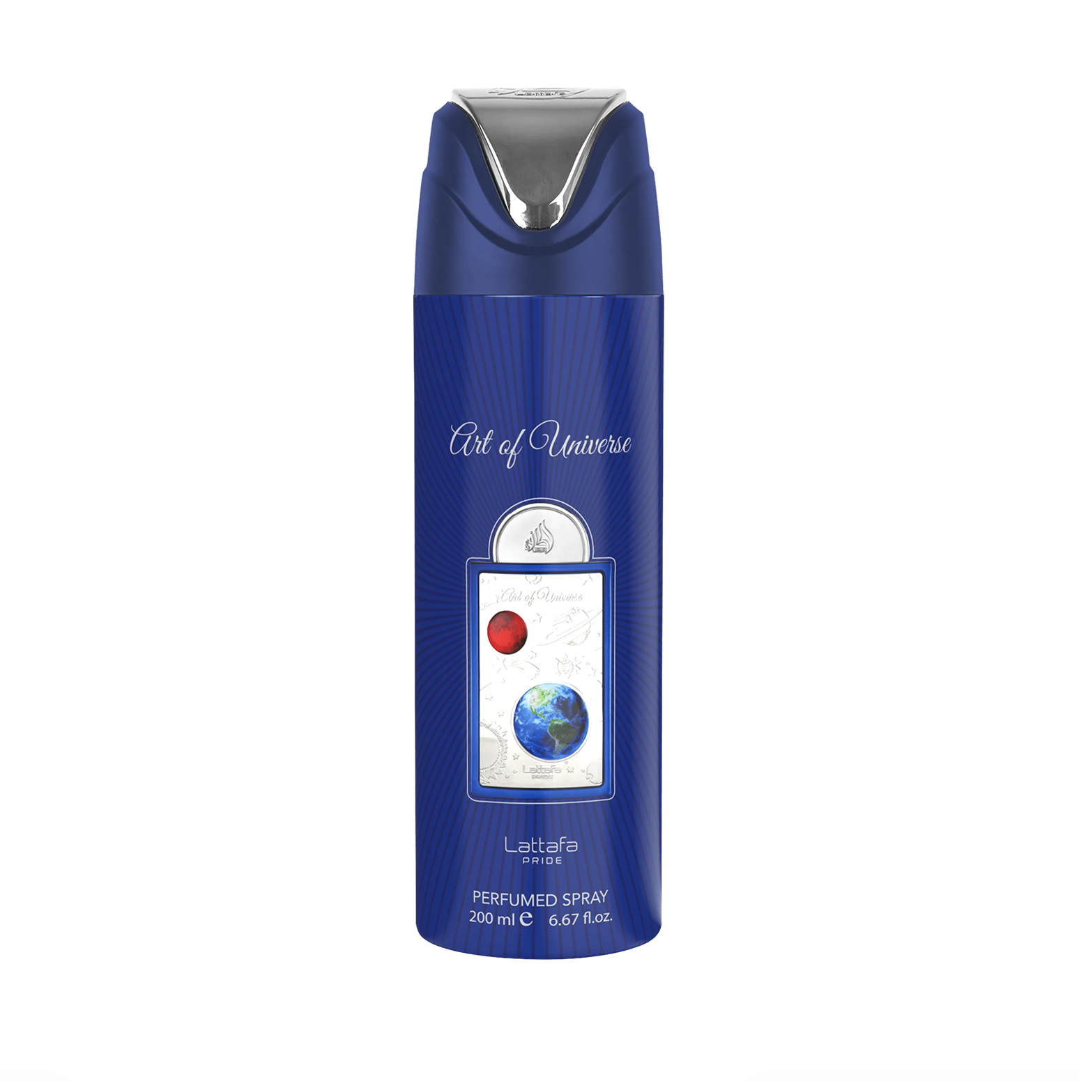 Produkto nuotrauka Lattafa Pride "Art of Universe" mėlynas dezodoranto buteliukas (200 ml), išryškinantis jo elegantišką dizainą ir aukščiausios kokybės elegantišką prekės ženklą. Lattafa Pride kolekcija švariame baltame fone.