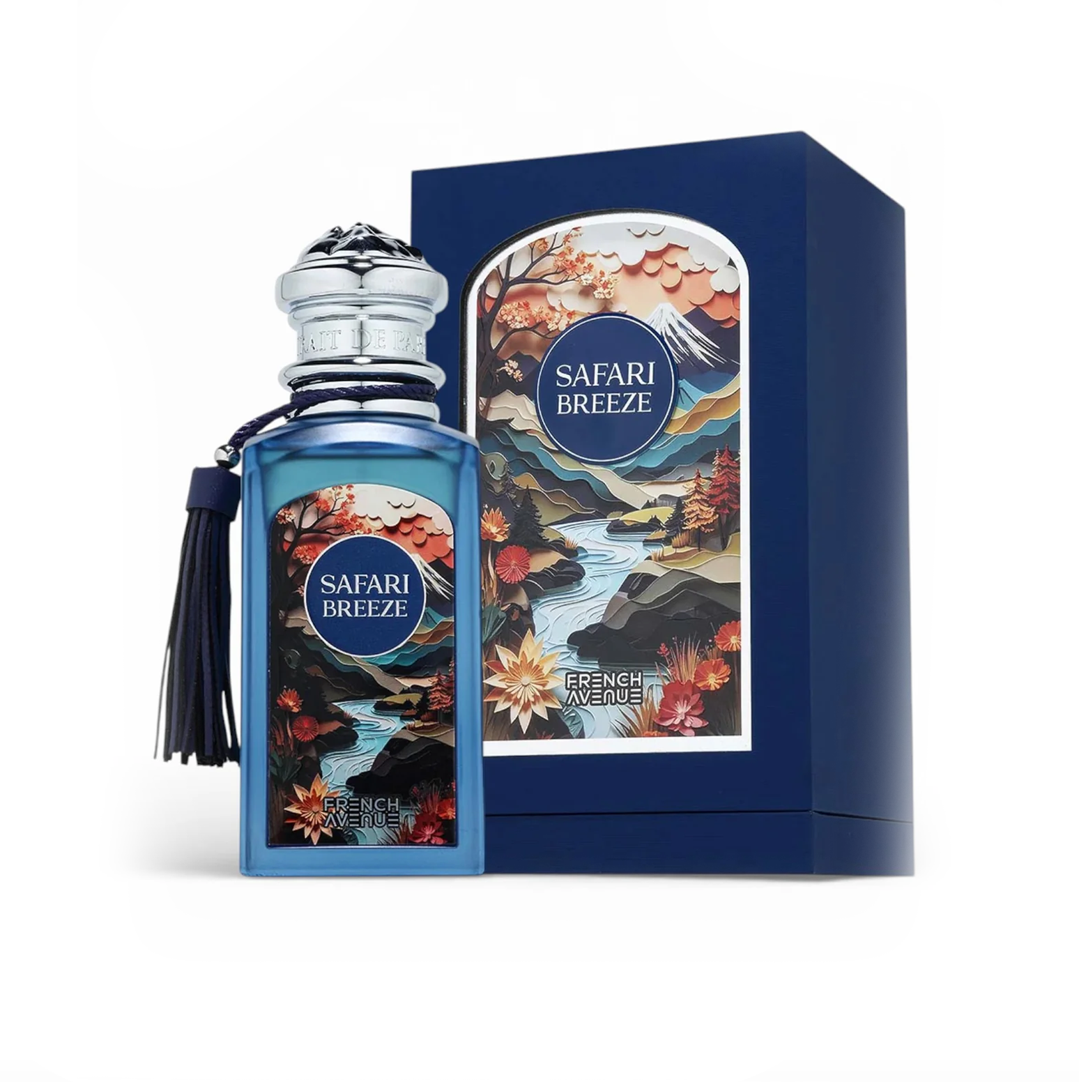 This image displays the Safari Breeze bottle alongside its intricately illustrated presentation box, highlighting the artistic coastal-inspired design.