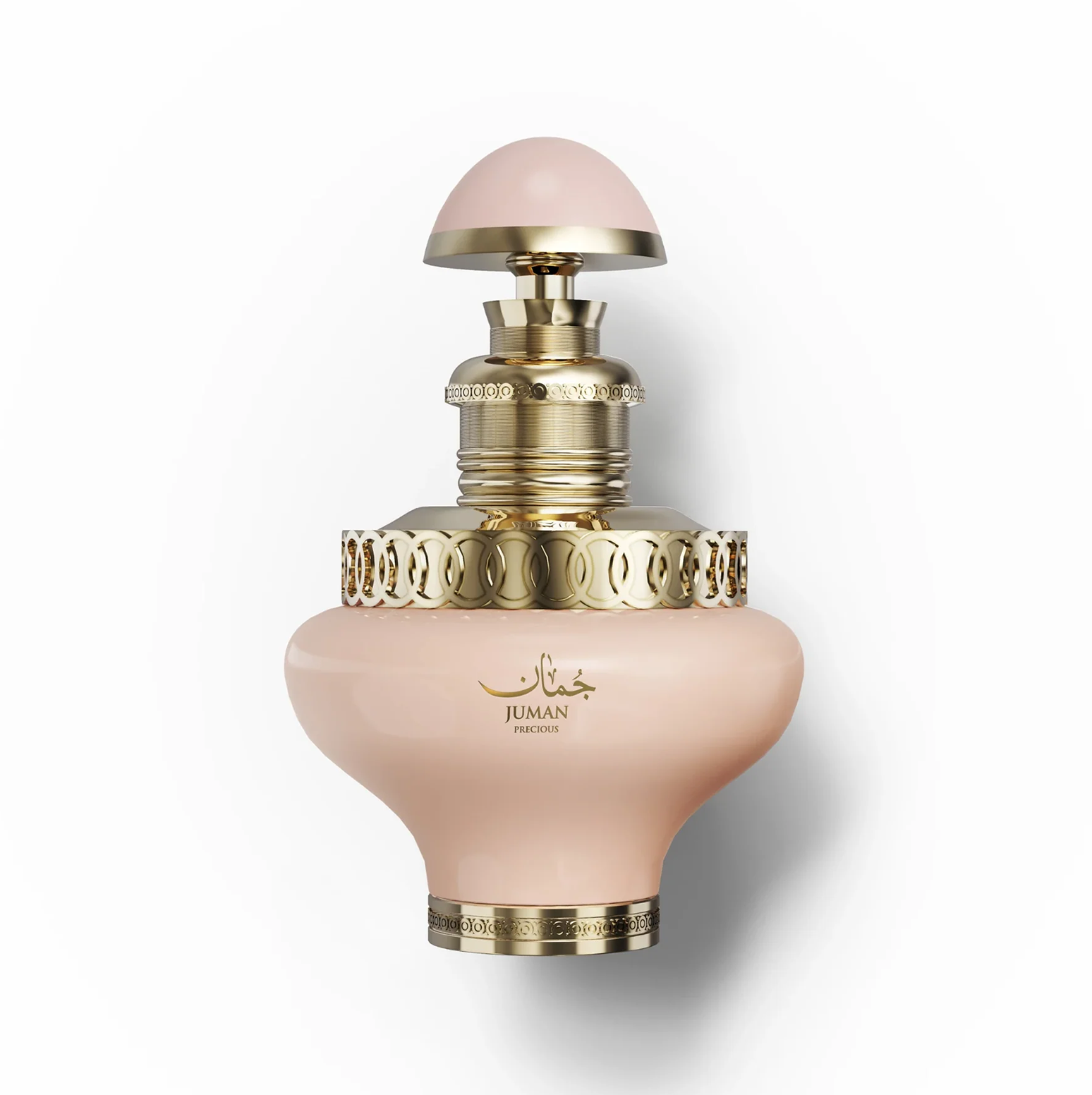 "Juman Precious" 100 ml moteriško kvepalo "Juman Precious" vaizdas iš arti perfume butelis su aukso detalėmis. Švarus 100 ml "Juman Precious" 100 ml stiklinio buteliuko kadras studijoje, išryškinantis subtilų, švelnių atspalvių buteliuką. kūno ir sudėtingi aukso spalvos metalo akcentai ant kaklo ir pagrindo.