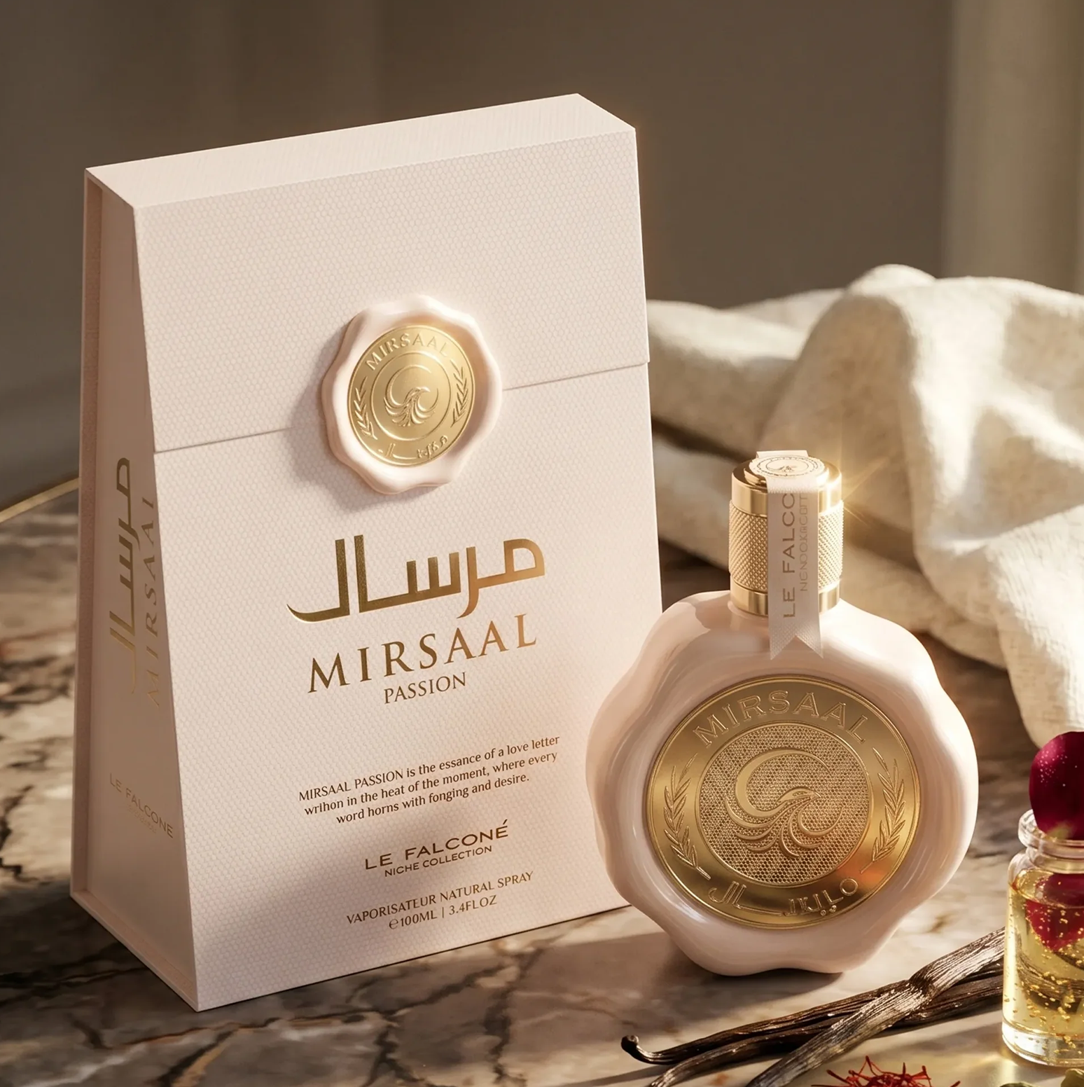 Aukščiausios kokybės "Mirsaal Passion" produktų ekspozicija parfumuotas vanduo, su blyškiai rausvu, vašku užantspauduotu 100 ml buteliuku ir prie jo priderinta elegantiška dovanų dėžute su vanilės pupelėmis ir aromatiniais akcentais ant marmurinio paviršiaus.