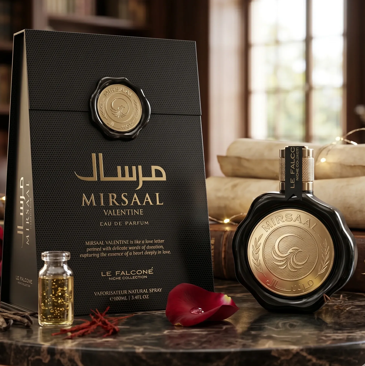Prabangus "Mirsaal Valentine" produktų demonstravimas parfumuotas vanduo, su juodu vašku užklijuotu 100 ml buteliuku, prie kurio priderinta juoda dovanų dėžutė su rožė žiedlapių ir aukso spalvos akcentai ant klasikinio stalo.