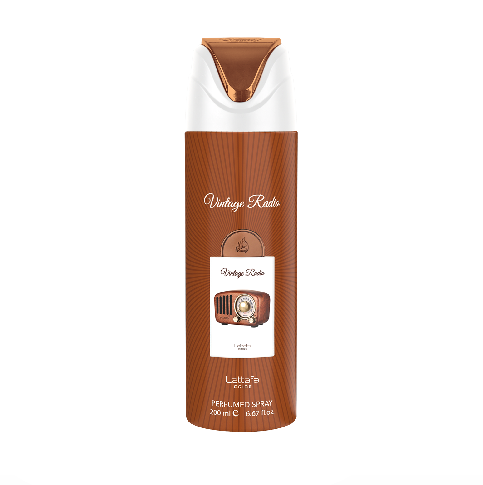 Aštri, profesionali produkto nuotrauka Lattafa Pride Senovinis radijas kūno purškiklis buteliukas (200 ml), išryškinantis elegantišką dizainą ir "Pride" kolekcijos aukščiausios kokybės prekės ženklą ant švarios, modern fonas.